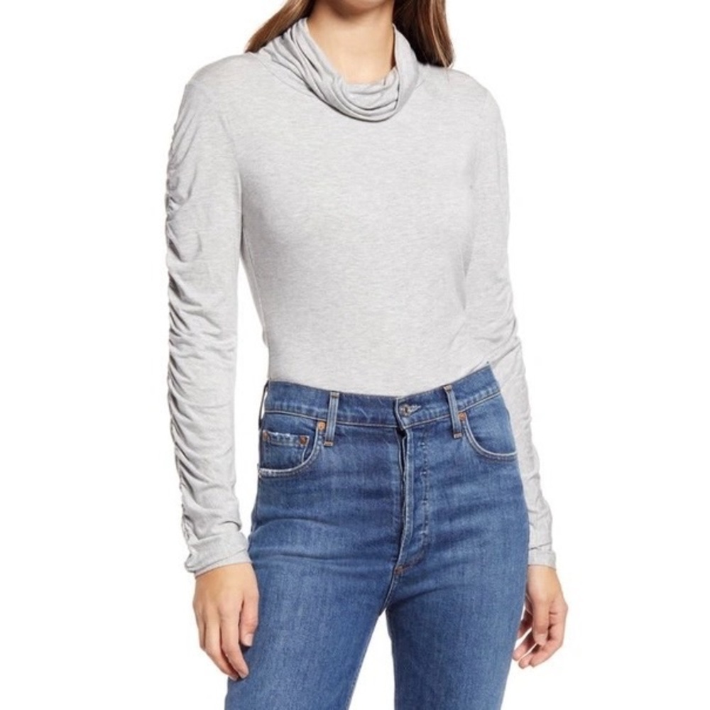Halogen Draped Long Sleeves Turtleneck Top In Grey Heather Size S